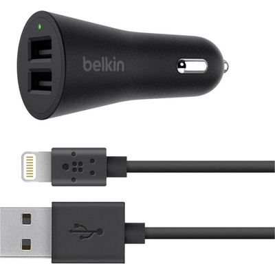 Belkin Boost Up Dual USB-A Car Charger & USB Lightning Cable - зарядно за кола с 2xUSB изходa (4.8A) и Lightning кабел за iPhone, iPad и iPod с Lightning порт (черен)