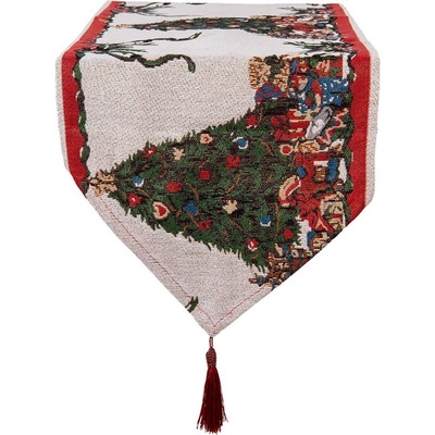 Clayre & Eef Béžový běhoun se střapcem a vánočními stromky Christmas Rustic 33x180 cm