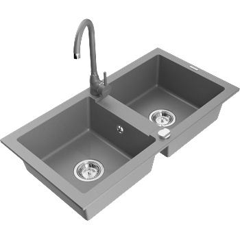 Mexen Mario гранитна мивка с 2 камери и кухненски смесител Telma, сив - 6504-71-670200-71 (6504-71-670200-71)