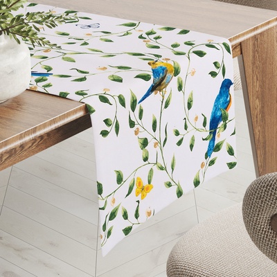 Biante bavlna behúň Sandra SA-501 Modré vtáky a vetvičky na bielom 20x120 cm