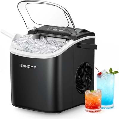 EUHOMY Small Ice Cube Machine, 12KG Ice Cube Maker, 9 Cubes Ready in 6 Minutes, Black Ice Cube Machine with Portable Handle, 12KG/24H, Self-Cleaning Ice Cube Machine - DE-IM06D-02-AZ-HM