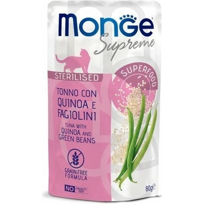 MONGE Supreme Sterilised kapsička tuniakové kúsky s quinoou a zelenou fazuľkou pre sterilizované mačky 80 g
