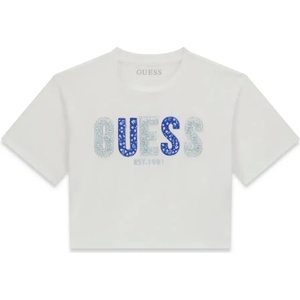 GUESS Къса тениска в бял цвят за момиче с надпис Guess от кристали и текстилни детайли