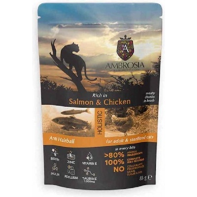 AMBROSIA Pouch Cat Adult Sterilized Salmon Chicken Anti Hairball - пауч, пълноценна, балансирана мокра храна, идеална за пораснали и кастрирани котки - 85 гр, Франция