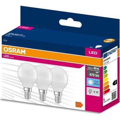 Osram 3PAK LED žárovka LED E14 P45 4,9W = 40W 470lm 4000K Neutrální bílá 200° VALUE