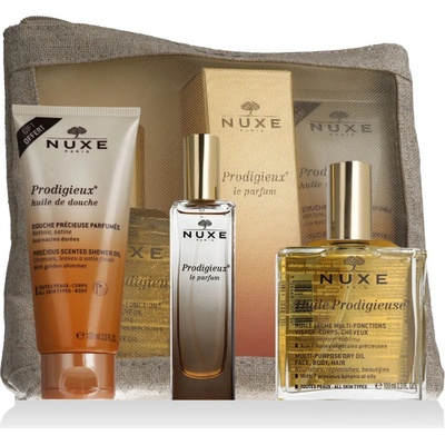 NuxeHuile Prodigieuse Huile Prodigieuse suchý olej 100 ml + Prodigieux sprchový olej 100 ml + EDP Prodigieux 30 ml + kosmetická taštička pro ženy