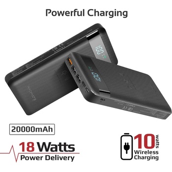 Promate Външна батерия ProMate , AuraTank-20, PowerBank Wireless 20W / 3.0 QC, PD, LCD, 20000mAh - Черна (6959144039176)