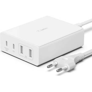 Belkin Boost Charge Pro 4-Port GaN Charger 108W - захранване за ел. мрежа за лаптопи, смартфони и таблети с 2xUSB и 2xUSB-C изходи с технология за бързо зареждане (бял)