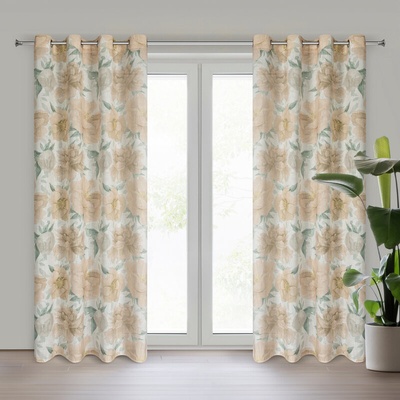 Takoy Závěs KARLA z látky s příměsí lnu v eko stylu zdobený potiskem jemných květů 140 x 250 cm-HF-441919 | 140 x 250 cm