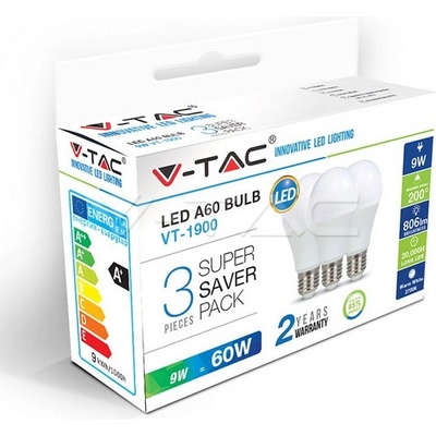 V-TAC E27 9W 806LM, A60 3 PACK Studená biela