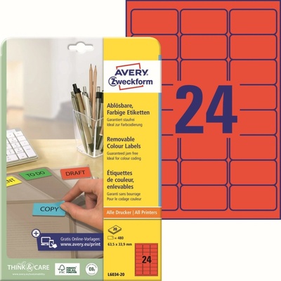 Avery Zweckform L6034-20 Barevné snímatelné etikety 63,5x33,9 mm 480 ks červené