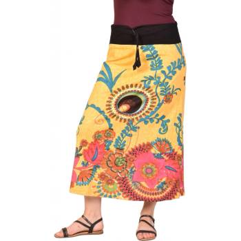 Sanu Babu dlouhá žlutá sukně s barevným potiskem, elastický pas a šňůrka žlutá