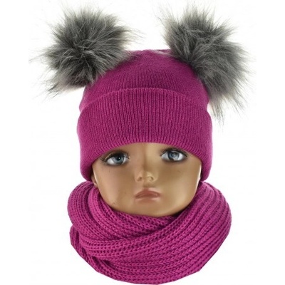Detský set čiapka s 2 brmbolcami a šál obkrútený fuksia