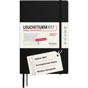 Leuchtturm1917 weekly planner 2027 medium (A5) - German, black, 210 x 145 mm, January-December (12 months), weekly overview with hourly grid 7: 00-22: 00 per column, hardcover, 80 g/m2 paper - 400145 (400145)