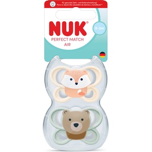 Nuk Perfect Match биберон залъгалка, силикон, 0-2 мес. , 2 бр. , AIR, Лисица/Мече (10174005)
