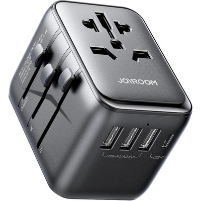Universal World Travel Adapter 17W - захранване с 1xUSB-C и 3xUSB-A изхода и преходници за цял свят в едно устройство за мобилни устройства (черен)