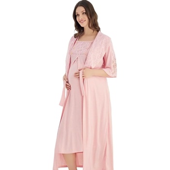 Image 1 of Розов комплект за бременни - халат и нощница с дантела