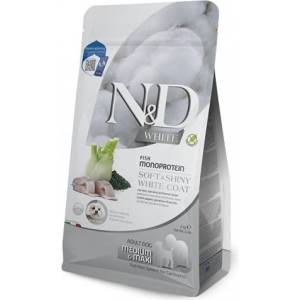 Farmina N&D DOG GRAIN FREE Spirulina White Dog Sea Bass & Fennel Adult MEDIUM MAXI - монопротеинова суха храна без зърнени култури за кучета с бяла козина от средни и едри породи над 1 година, с лаврак, спиру