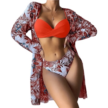 Image 1 of Комплект бански и туника в коралово с екзотичен десен