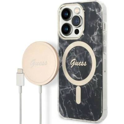 GUESS Комплект безжично зарядно устройство и кейс Guess GUBPP14LHMEACSK за iPhone 14 Pro 6.1", черен / черен, твърд, съвместим с MagSafe, Marble (GUE002570-0)