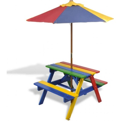 HD Dětský piknikový stůl lavičky a slunečník vícebarevný dřevo