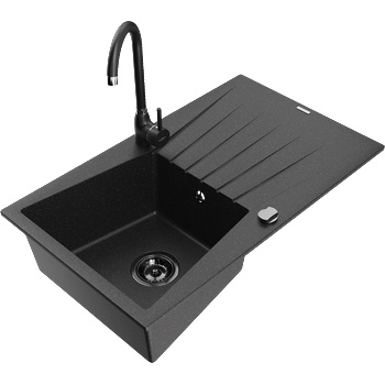 Mexen Cesar гранитна мивка с 1 отделение с отцедник и кухненски смесител Telma, черен/сребрист - 6514-73-670200-70-B (6514-73-670200-70-B)