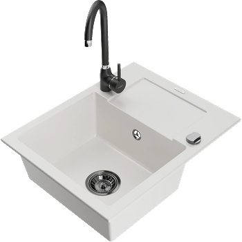 Mexen Enzo еднокамерен гранитен кухненски мивка с отцедник и кухненски смесител Telma, бял - 6506-20-670200-70 (6506-20-670200-70)