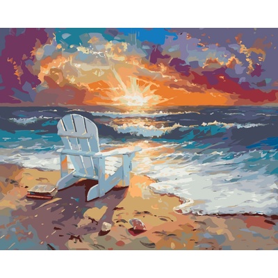 ZUTY PLÁŽOVÉ STOLIČKY PRI MORI A ZÁPAD SLNKA Rámovanie bez rámu a bez vypnutia plátna Rozmer 80 x 100 cm