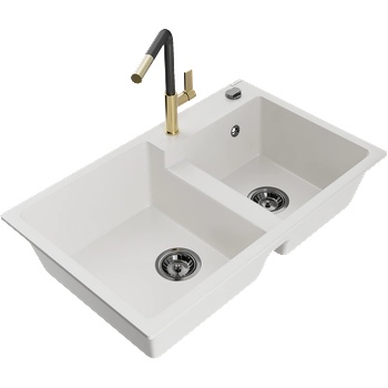 Mexen Tomas двоен кухненски гранитен мивка с кухненски смесител Flora, бял - 6516-20-670401-57-B (6516-20-670401-57-B)