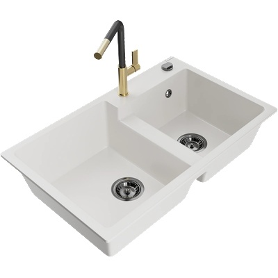 Mexen Tomas двоен кухненски гранитен мивка с кухненски смесител Flora, бял - 6516-20-670401-57-B (6516-20-670401-57-B)