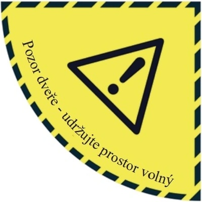 Samolepicí plošné protiskluzové značení (čtvrtkruh), ''pozor, otevírání dveří'' – fólie, 900×900 mm
