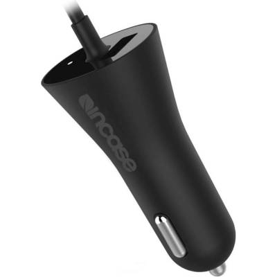 Incase Dual Car Charger with Lightning Cable - сертифицирано зарядно за кола с вграден Lightning кабел за iPhone, iPad и iPod и USB изход (черен)