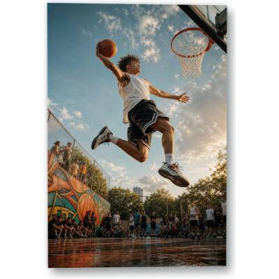 Plakát – Výskok s basketbalovým míčem ke koši 90 × 135 cm Bez rámu Ne Bez rámu