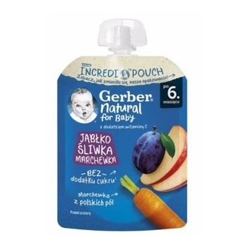 Gerber Пауч за бебета с ябълки, сливи и моркови 6м+ 80г