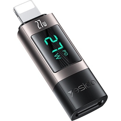 YESIDO Адаптер от Lightning мъжко към USB-C женско за Apple устройства с Lightning порт - Yesido GS25 Lightning to USB-C Adapter With Digital Display 27W (черен) (GS25)