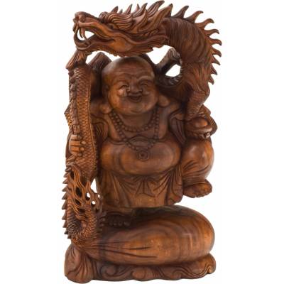 Sanu Babu Buddha s drakem ze dřeva stromu Suar, 64cm