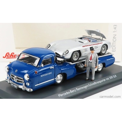 Schuco Mercedes benz Racing Car Transporter Truck Rennwagen 1955 With 300 Slr Spider Modrá Stříbrná 1:43