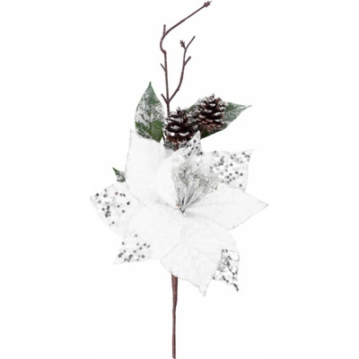 MagicHome Vánoční větvička s květem poinsettie, bílá, 34 cm