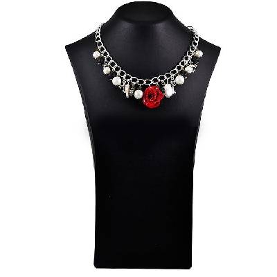 Колие с розов цвят, седеф, перли, посребрени елементи Chain-red rose Dannyra Jewels