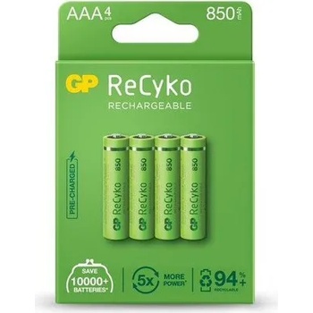 GP Batteries Акумулаторна Батерия GP R03 AAA 850mAh NiMH 85AAAHCE-EB4 RECYKO, 4 бр. в опаковка (GP-BR-85AAAHCE-EB4)