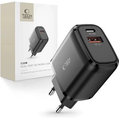 Tech-Protect c20w мрежово зарядно устройство с 2 порта pd20w/qc3.0 черно (9589046924286)