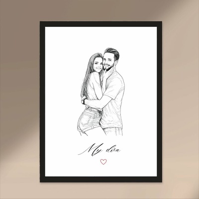 Plakát s KRESLENOU FOTOGRAFIÍ PÁRU Rozměr plakátu: A3 (29,7 x 42 cm), Rámeček: Černý rámeček