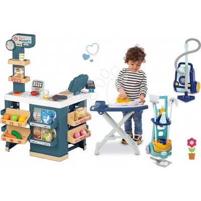 Smoby Set obchod elektronický s váhou a skenerem Super Market a úklidový vozík s vysavačem a žehlicí prkno se žehličkou