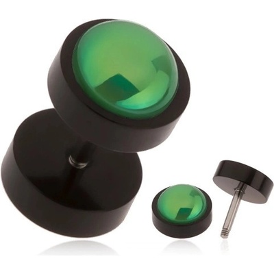 Šperky eshop černý falešný plug do ucha z akrylu zelená kulička s duhovým leskem PC01.21