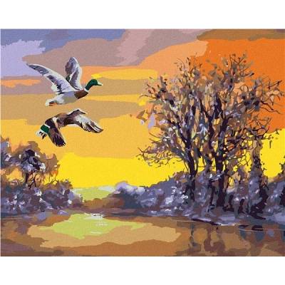 Zuty Malování Podle Čísel Letící Kachny Nad Řekou V Zimě D. Rusty Rust 40 x 50 Cm Plátno Rám