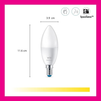 Philips Смарт LED димируема крушка WiZ Smart Bulb Candle 4.9W, 470 lm, E14, бяла светлина 2100 - 6500К (BT, Zigbee, Matter, Apple Home, Google, Alexa, SmartThings) (929002448722)