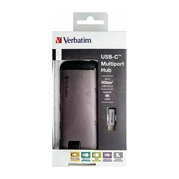 Verbatim 49142 USB C (3.1) хъб 6-порт, дължина на кабела 15 см, 1x USB C, USB A, HDMI, Ethernet, SD четец, сив (49142)