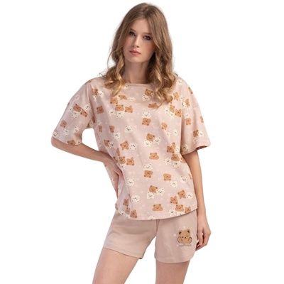 Дамска лятна пижама в бежово с къс ръкав и мечета