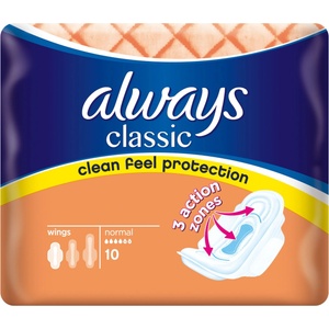 Always Дамски превръзки с крилца Always Classic - Normal, 10 броя