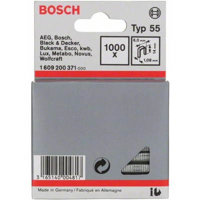 Narrow crown staple, type 55 6 x 1,08 x 14 mm 1000 ks Bosch Accessories 1609200371 Rozmery (d x š) 14 mm x 6 mm; 1609200371